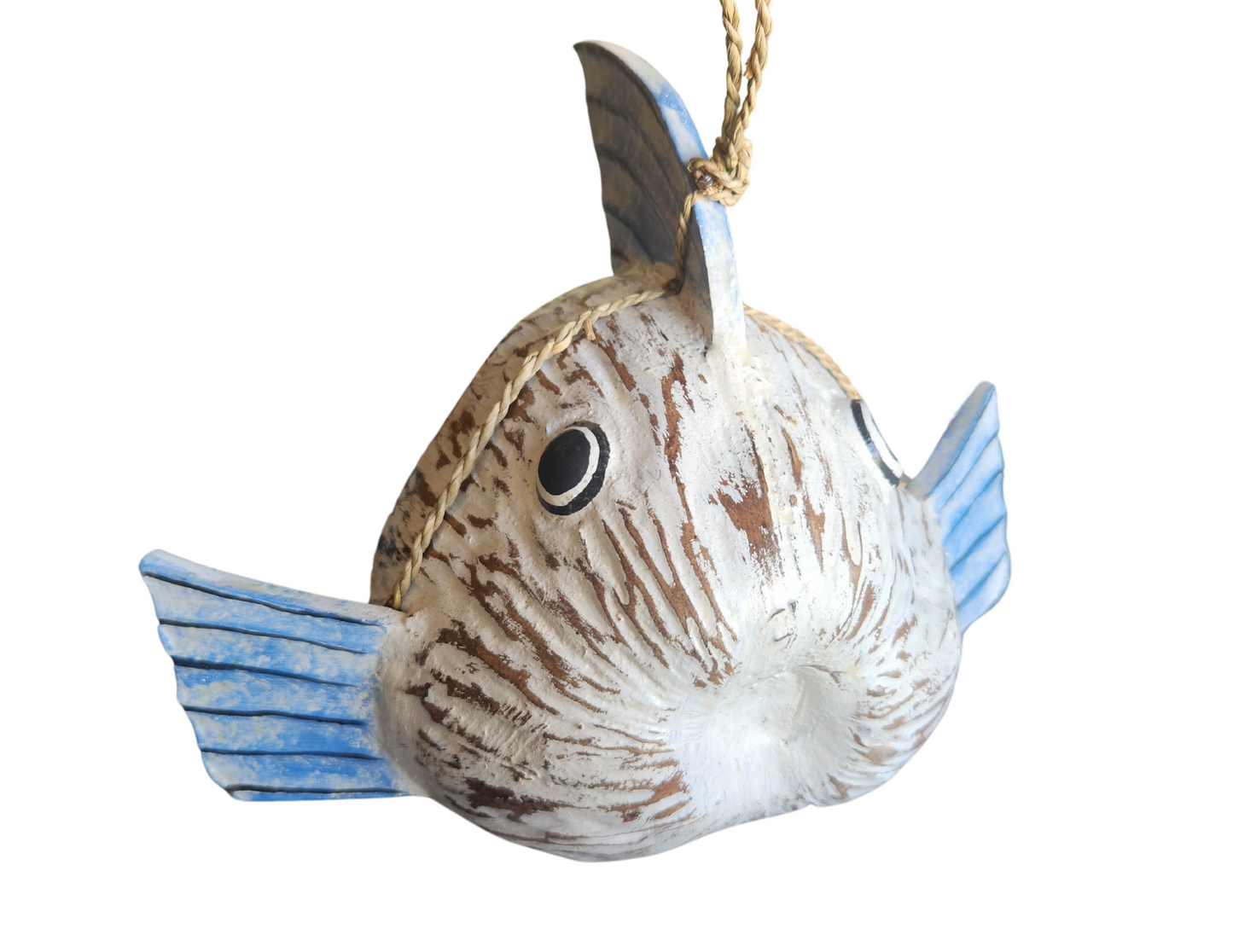 WorldBazzar Beautiful Unique Coconut KOKI Goldfish Blue Wooden Fish Hand Carved Statue Sculpture Art