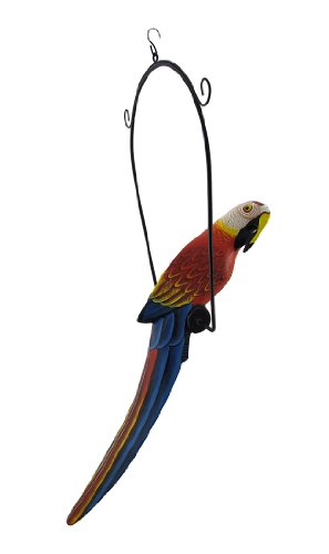 Red and Blue Tropical Macaw Parrot on Perch Hanging Statue 25 In.