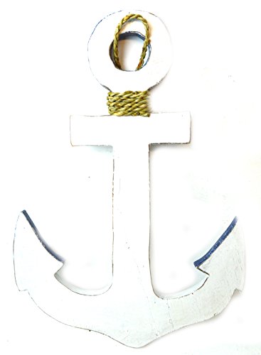 16" Blue and White Hand Carved Wood Ship Anchor with Hooks Nautical Wall Decor Towel Hanger