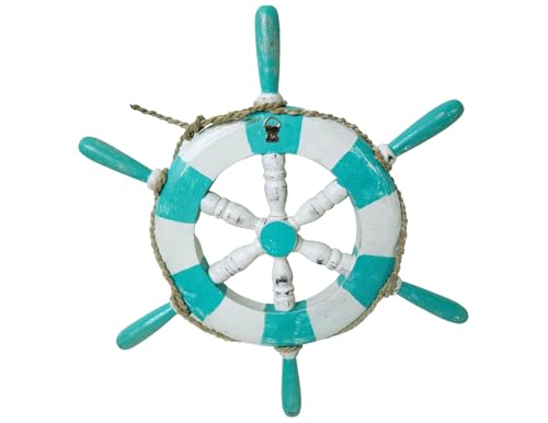 WorldBazzar LG 20" TEAL Hand Carved Wooden SHIP WHEEL Nautical Coastal Chic Wall Decor Tropical Island Art