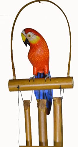 Hand Carved Bamboo Wooden Bobbing Red Parrot Bird Wind Chime Tropical Tiki Garden Home Pool Patio Decor