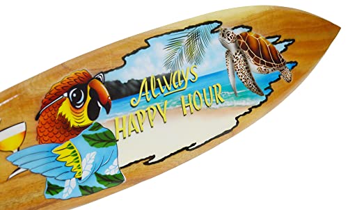 ALWAYS HAPPY HOUR" Beach Parrot Happy Hour Hard Wood Handmade AIRBRUSHED ART Corona Beer Palm Tree 39" Surfboard Sign Wall Plaque Art