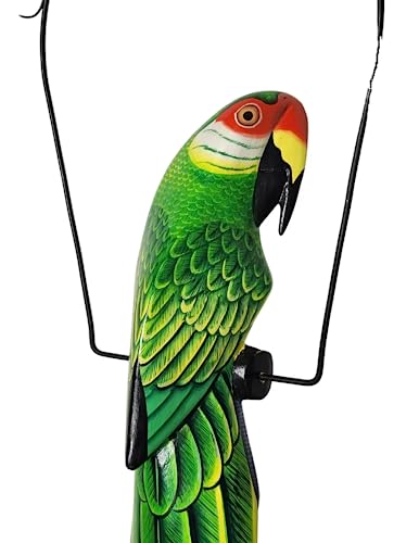 WorldBazzar Tall Hand Carved Wood Green Parrot Statue Sculpture ON Perch Hanging Art 40"