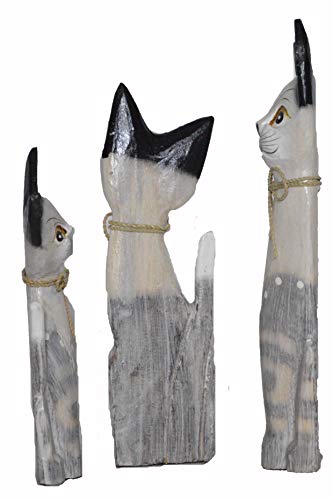 Large Hand Carved Beautiful Set of 3 Wood Gray Cats Green Eye Pet Lover Find Tabby Siamese Persian American Ragdoll