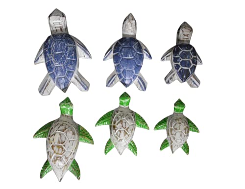 Huge Set of 6 Hand Carved Wooden SEA Turtles Family Nautical Tropical Statue Art
