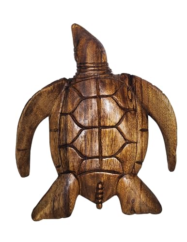 WorldBazzar Large Hand Carved Wooden SEA Turtle with Palm Tree and SAIL Boat Design Nautical Tropical Statue Art