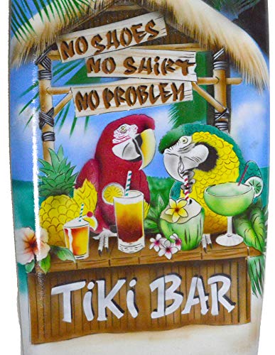 " NO SHOES NO SHIRT NO PROBLEM TIKI BAR " Beach Parrot Happy Hour Hard Wood Handmade AIRBRUSHED ART Corona Beer Palm Tree 39" Surfboard Sign Wall Plaque Art