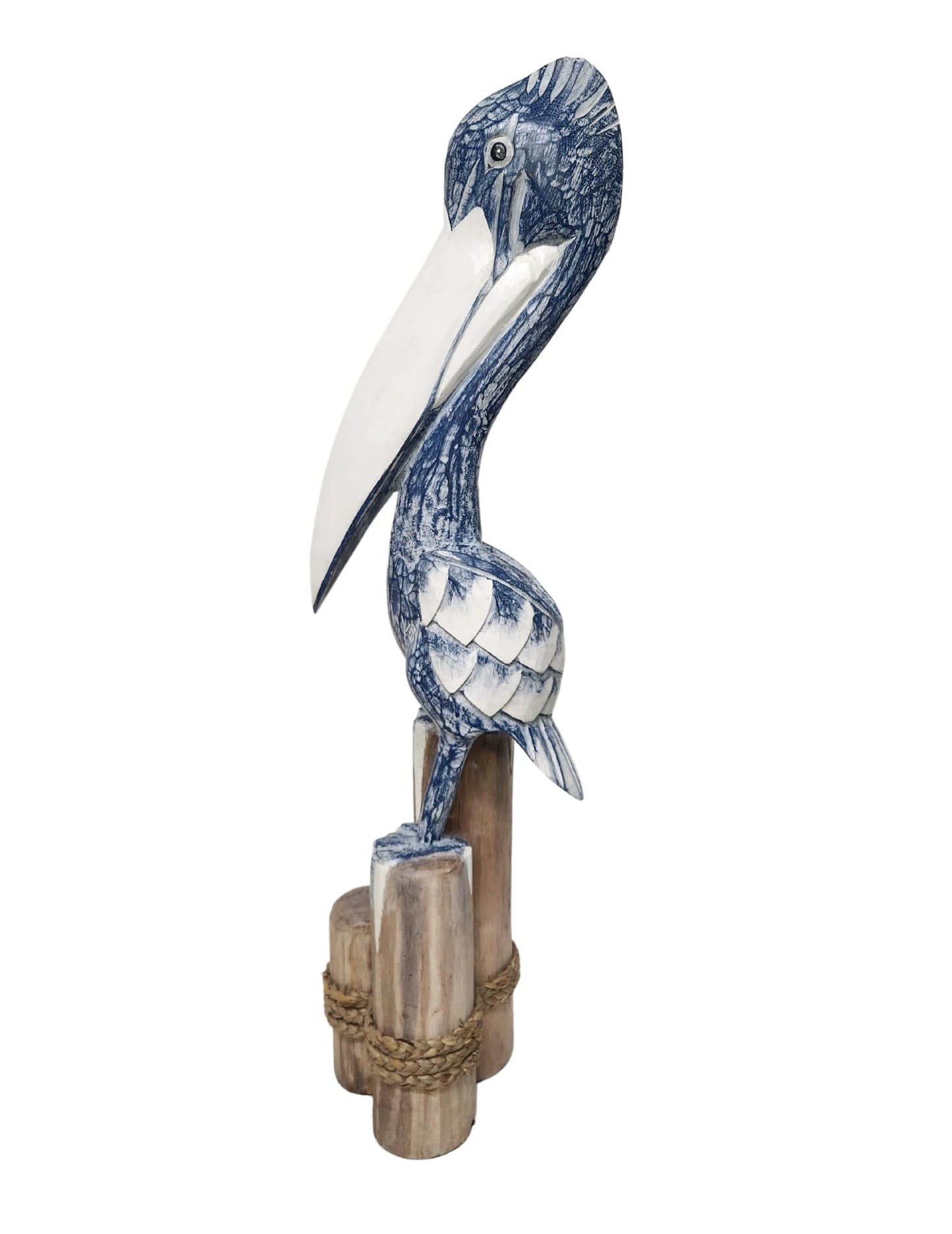 3FT Tall Three Post Blue White WASH Hand Carved Nautical Wood Pelican Statue Carving Sculpture Art 40 in