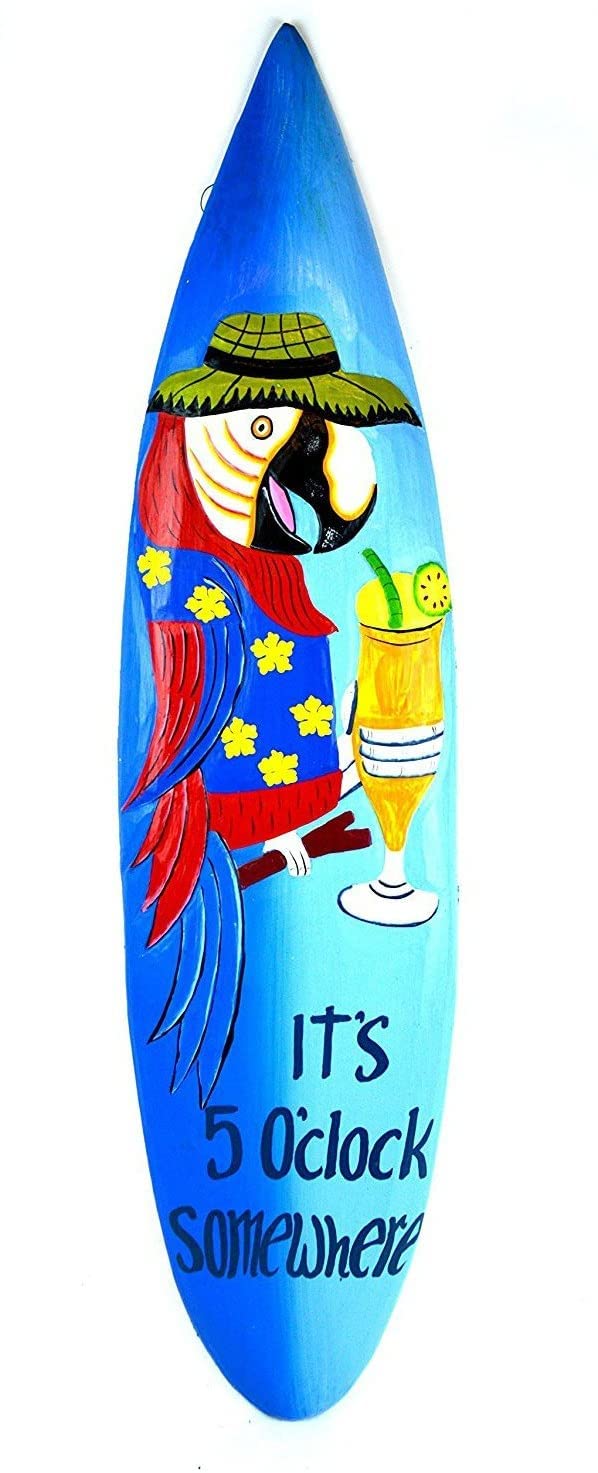 WorldBazzar Its Five 5 O'clock Somewhere Parrot Drinking Cocktail Surfboard Sign Hand Carved Out of Wood