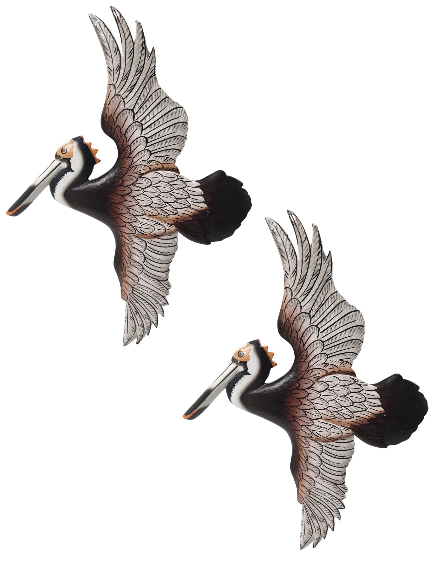SET OF 2 Hand Carved Flying Colorful Wood Pelican Wall Art Hang on Tropical Nautical Decor Sign