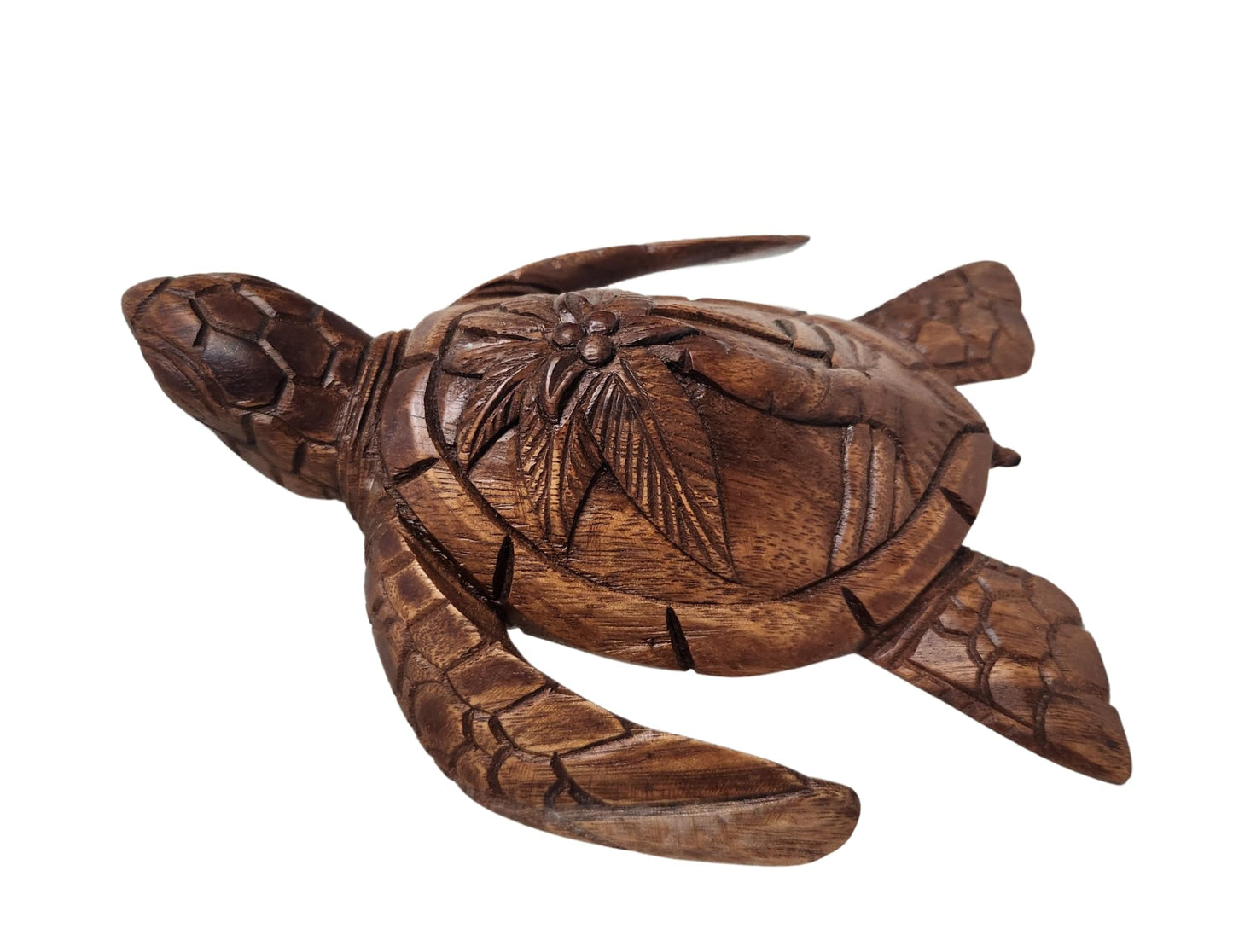 Hand Carved Mahogany Turtle with Detailed Palm Tree, Beach, and Sailboat Carved Out