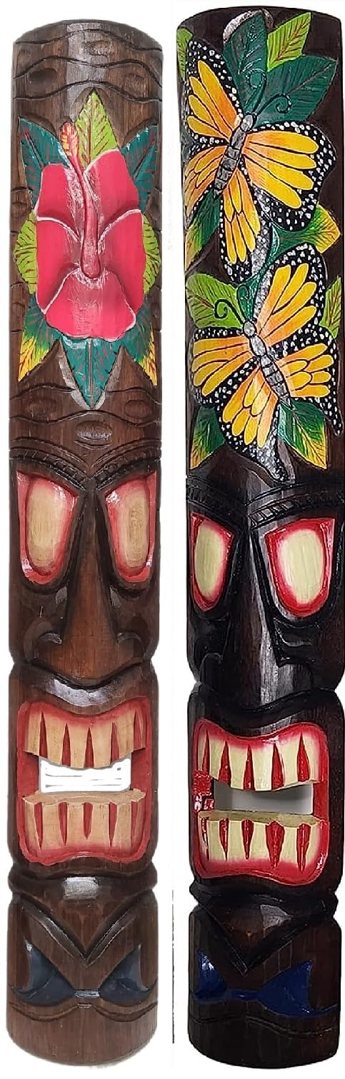 WorldBazzar Set of 2 40" Polynesian Hawaiian Tiki Bar Style Wall Masks Island Art
