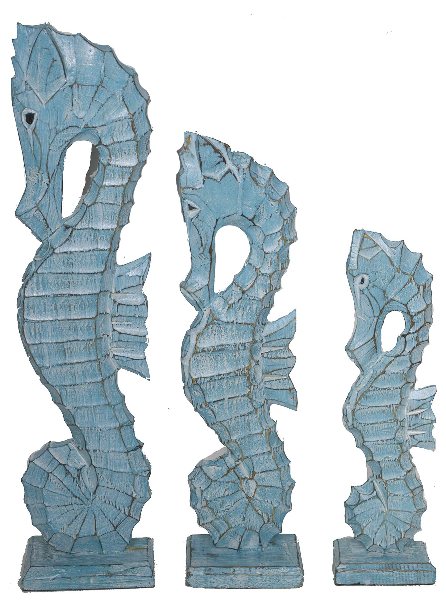 WorldBazzar NAUTICAL SET OF 3 WOOD TEAL BLUE AQUA SEAHORSES STANDING ART DECOR 20" 16" 12"