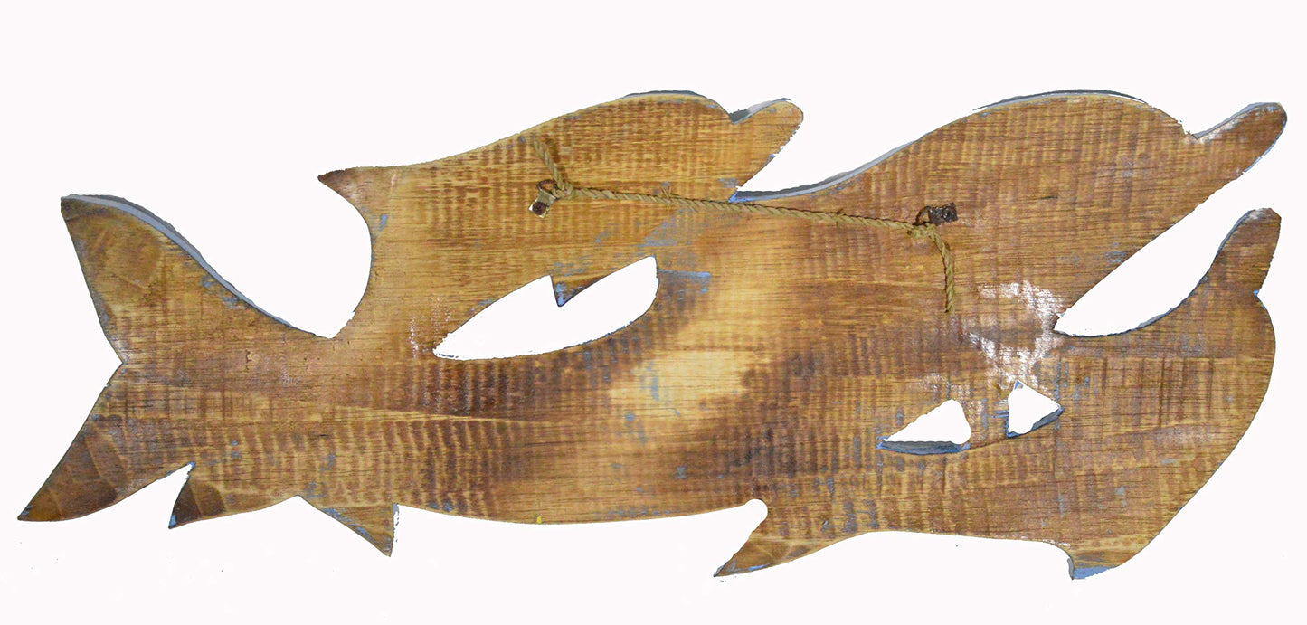 New LG Hand Carved Blue White WASH Wood Dolphin Family Wall Art Hanging Tropical Nautical Decor