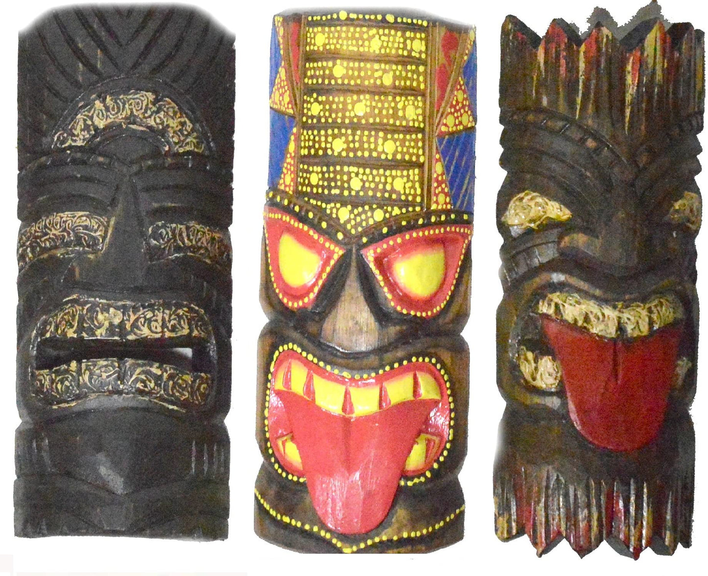 APRIXIATE Set of 3 Polynesian Hawaiian Tiki Bar Style Wall Masks 12 inches Island Art Black Tongue Turtle Horn