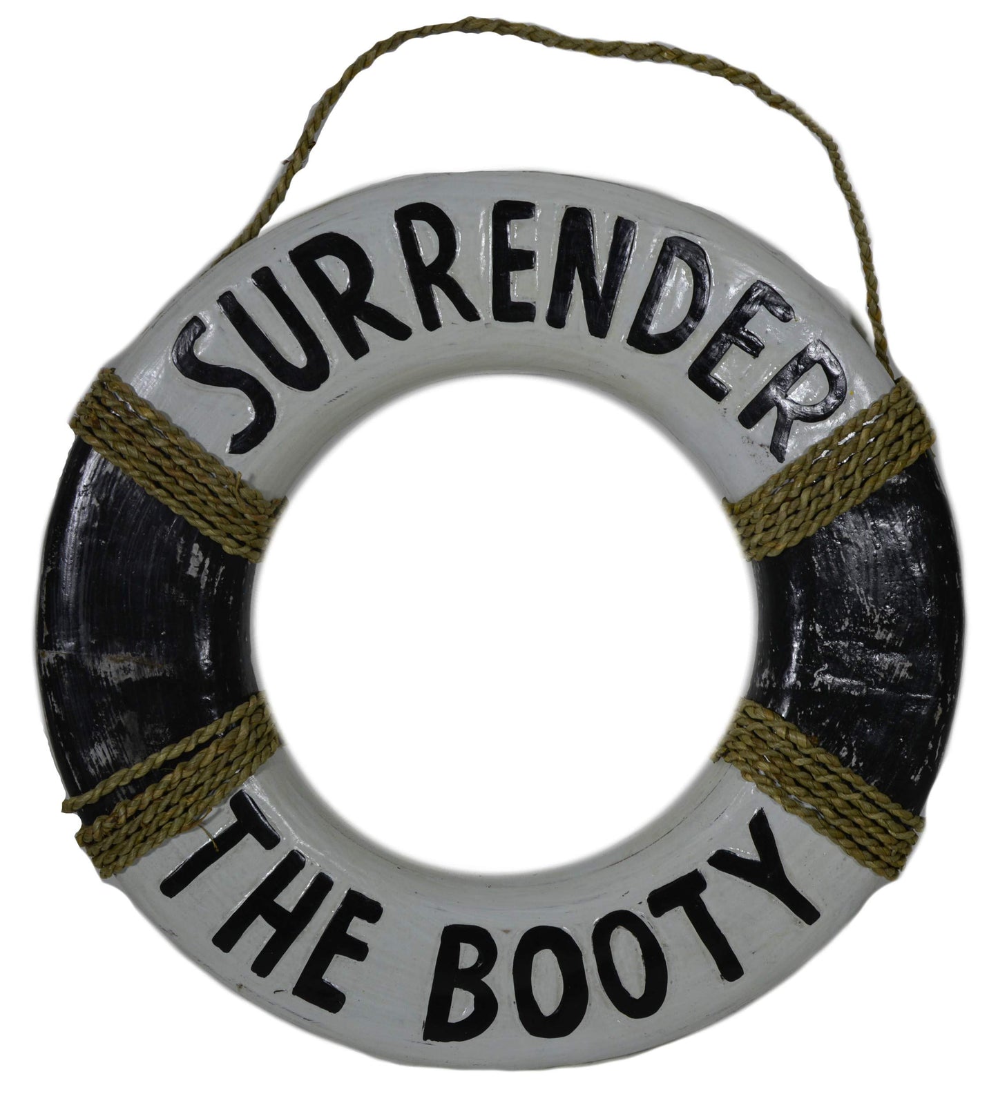15 IN Hand Carved Wood Pirate"Surrender the Booty" Life Saver Ring Buoy Sign Plaque Wall Art Decor