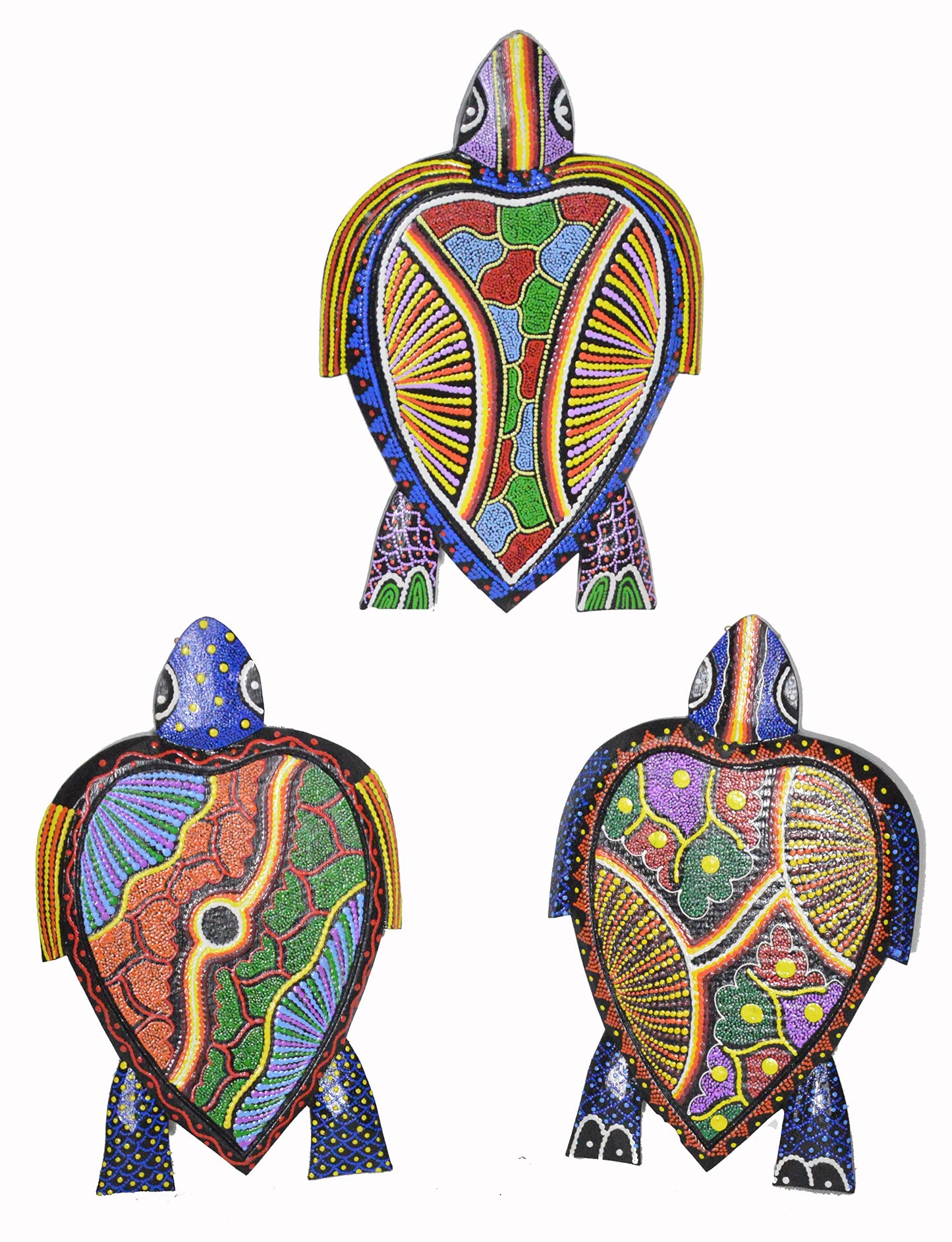 WorldBazzar SET 3 OF HAND CARVED WOODEN SEA TURTLES ABORIGINAL DOT ART WALL SCULPTURE PLAQUE