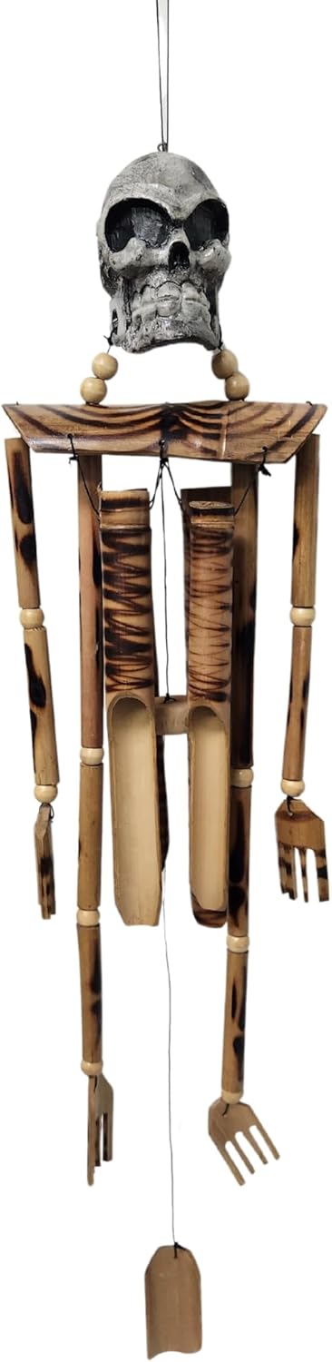 Hand Carved Beautifully Detailed Treasure Pirate Skull Skeleton Bones Wind Chime