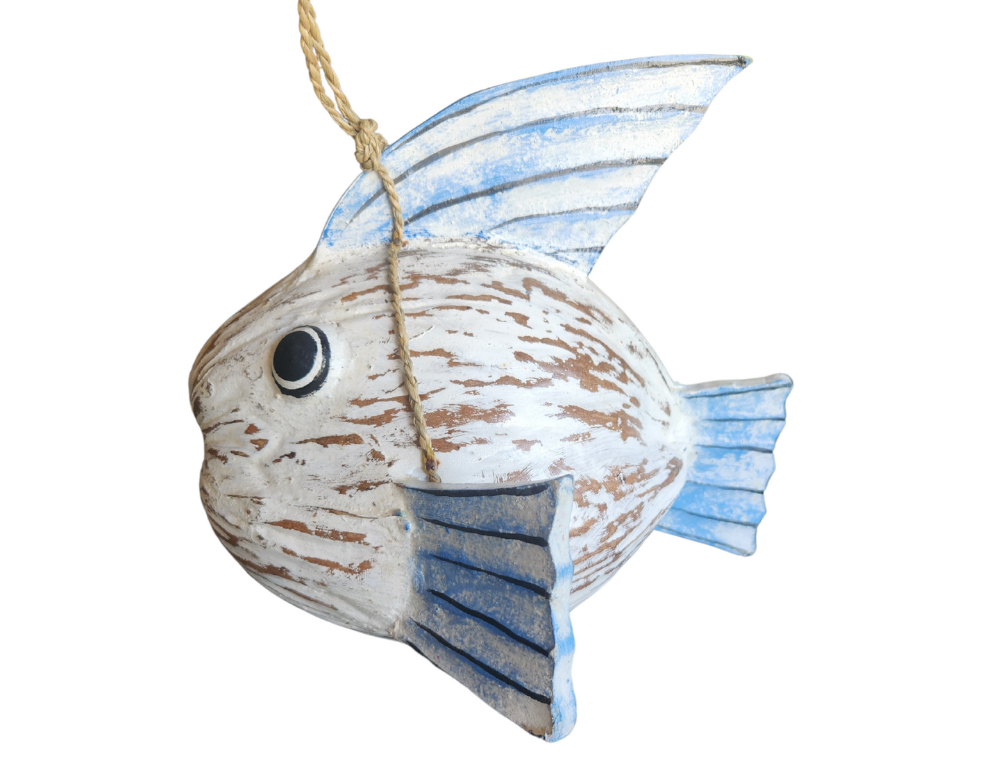WorldBazzar Beautiful Unique Coconut KOKI Goldfish Blue Wooden Fish Hand Carved Statue Sculpture Art