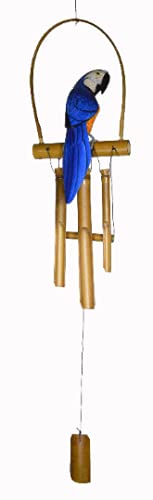 Hand Carved Bamboo Wooden Bobbing Blue Parrot Bird Wind Chime Tropical Tiki Garden Home Pool Patio Decor
