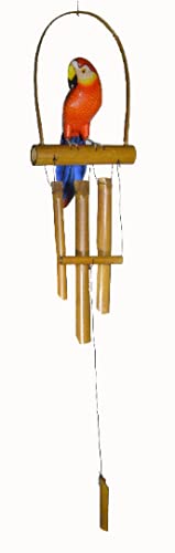 Hand Carved Bamboo Wooden Bobbing Red Parrot Bird Wind Chime Tropical Tiki Garden Home Pool Patio Decor