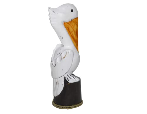 WorldBazzar 14" Hand Carved Wood White Pelican Nautical Statue Art