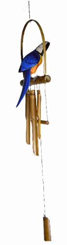 Hand Carved Bamboo Wooden Bobbing Blue Parrot Bird Wind Chime Tropical Tiki Garden Home Pool Patio Decor