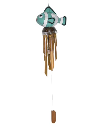 Hand Carved Bamboo Wooden Bobbing NEMO Teal Blow Fish Coconut Wind Chime Tropical Tiki Garden Home Pool Patio Decor