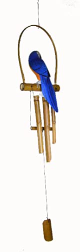 Hand Carved Bamboo Wooden Bobbing Blue Parrot Bird Wind Chime Tropical Tiki Garden Home Pool Patio Decor
