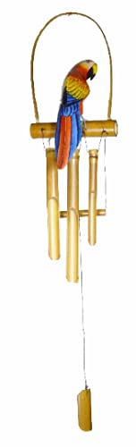 Hand Carved Bamboo Wooden Bobbing Red Parrot Bird Wind Chime Tropical Tiki Garden Home Pool Patio Decor