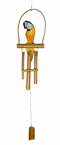 Hand Carved Bamboo Wooden Bobbing Blue Parrot Bird Wind Chime Tropical Tiki Garden Home Pool Patio Decor
