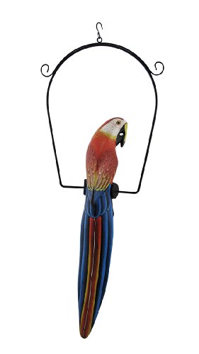 Red and Blue Tropical Macaw Parrot on Perch Hanging Statue 25 In.