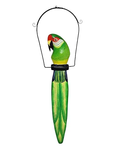 WorldBazzar Tall Hand Carved Wood Green Parrot Statue Sculpture ON Perch Hanging Art 40"
