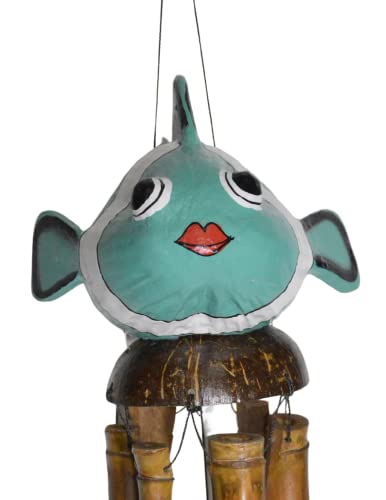 Hand Carved Bamboo Wooden Bobbing NEMO Teal Blow Fish Coconut Wind Chime Tropical Tiki Garden Home Pool Patio Decor