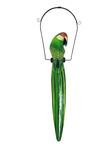 WorldBazzar Tall Hand Carved Wood Green Parrot Statue Sculpture ON Perch Hanging Art 40"