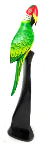 Green Wooden Parrot Bird on Stand Sculpture Carving Statue Handmade