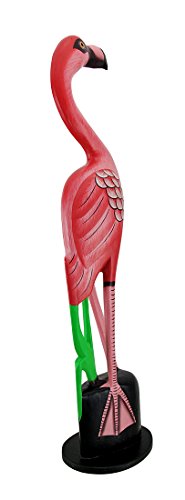 Zeckos Hand Carved Wooden Pink Flamingo Statue
