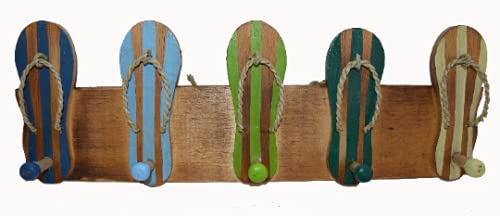 WorldBazzar Hand Carved Colorful FLIP Flop Beach Towel Key Hanger Holder Surfboard Wooden Wall Hanging Art Sign Tiki Bar