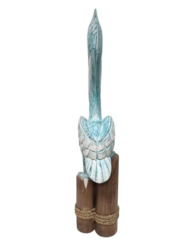 3FT Tall Three Post Blue White WASH Hand Carved Nautical Wood Pelican Statue Carving Sculpture Art 40 in
