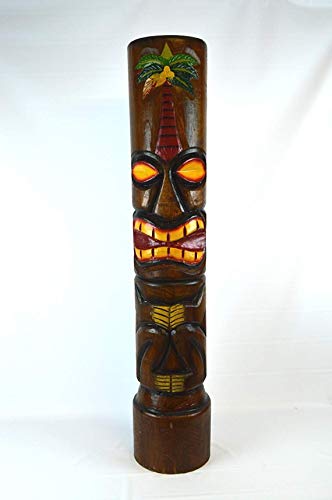 WorldBazzar Hand Carved Wood 40inch Tall Tiki Totem Pole Carved Design Palm Tree Brown, Black, Yellow, White, Red