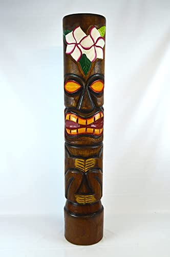 Hand Carved 40" Tall Tiki Totem Pole Carved Design Hibiscus Scratch DENT Crack