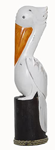 20" White LG Hand Carved Nautical Wood Pelican Statue Carving Sculpture Art