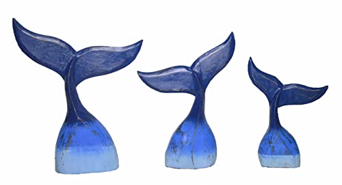 Hand Carved Wood Humpback Blue Set of 3 Whale Tail Table Top Carving Sculpture Ocean Sea Nautical Decor