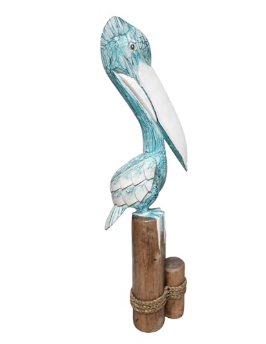 3FT Tall Three Post Blue White WASH Hand Carved Nautical Wood Pelican Statue Carving Sculpture Art 40 in