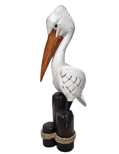 Large Hand Carved Nautical Wood Pelican Statue Carving Sculpture Art