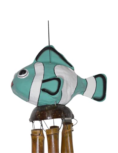 Hand Carved Bamboo Wooden Bobbing NEMO Teal Blow Fish Coconut Wind Chime Tropical Tiki Garden Home Pool Patio Decor