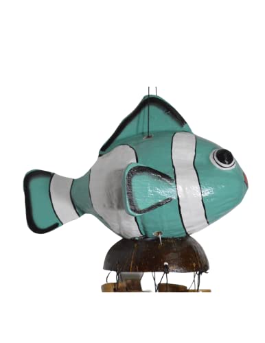 Hand Carved Bamboo Wooden Bobbing NEMO Teal Blow Fish Coconut Wind Chime Tropical Tiki Garden Home Pool Patio Decor