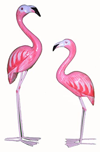 Set of 2 20" and 16" Hand Carved Beautiful Wood Metal Pink Flamingo Bird Sculpture Tropical Home Decor