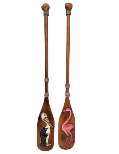 SET OF 2 NAUTICAL OAR PADDLE WITH FLAMINGO AND PELICAN WOODEN WALL ART DECOR 40"