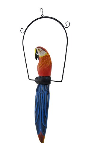 Red and Blue Tropical Macaw Parrot on Perch Hanging Statue 25 In.